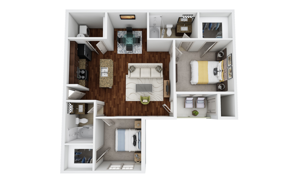 B2 - 2 bedroom floorplan layout with 2 bathrooms and 1070 square feet